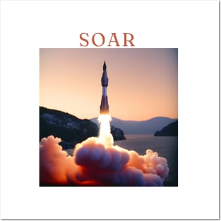 "Solar Soar - Majestic Rocket Launch Tee, Sunset Horizon Design, Vibrant Red, Orange, and White T-shirt, Inspirational 'Soar' Motif, Aesthetic Space Exploration Shirt" Posters and Art